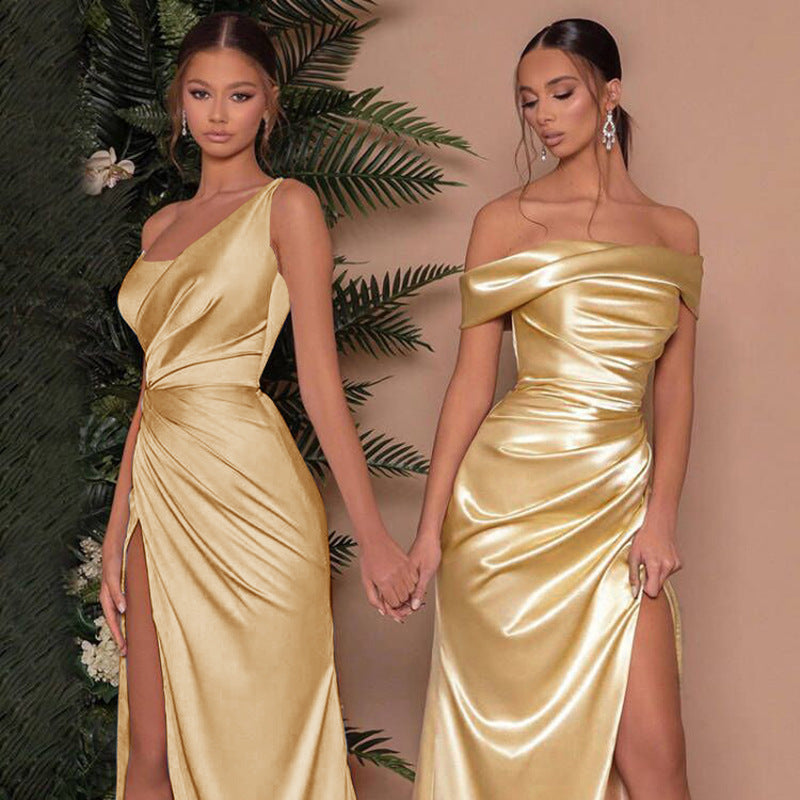 Woven Single Shoulder Fishbone Waistband Slit Dress For Women's Garments Apparel / Clothing