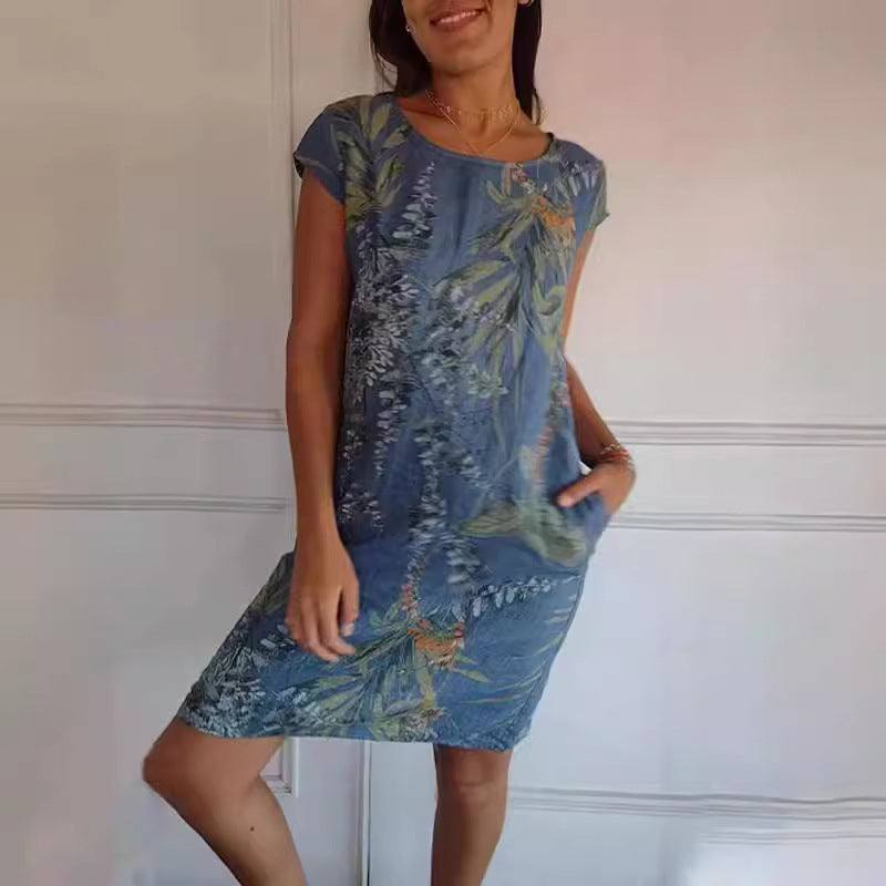 Flower And Leaf Printed Straight Dress Summer Loose Round Neck Short Sleeve Dresses Women's Garments Apparel / Clothing