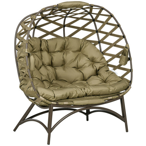 Outsunny 2 Seater Egg Chair Outdoor, Folding Weave Garden Furniture Chair With Cushion, Cup Pockets - Khaki Outdoor Garden Patio Furniture