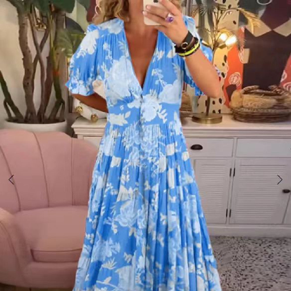 Printed Long And Wide Dress Women's Garments Apparel / Clothing