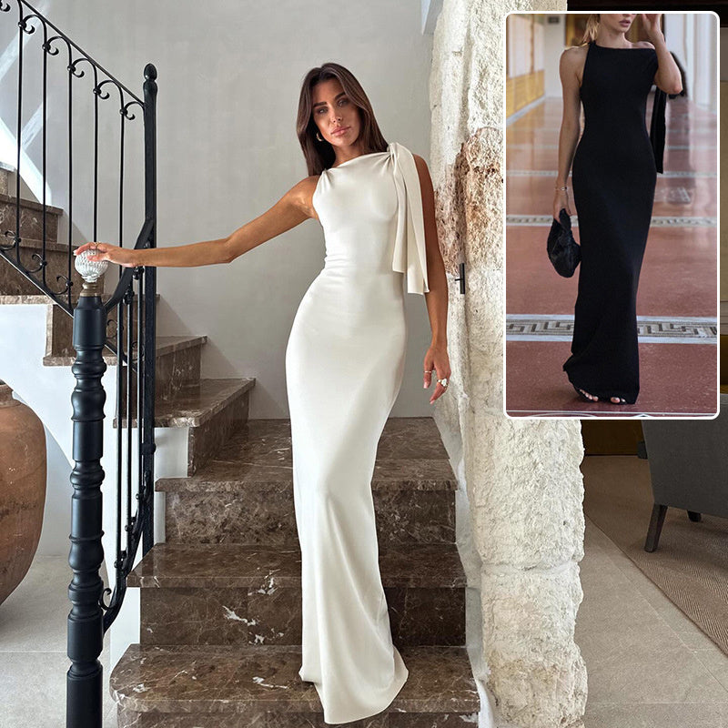 One-shoulder Ribbon Long Dress Ins Fashion Slim Sleeveless Dresses For Evening Party Club Women's Garments Apparel / Clothing