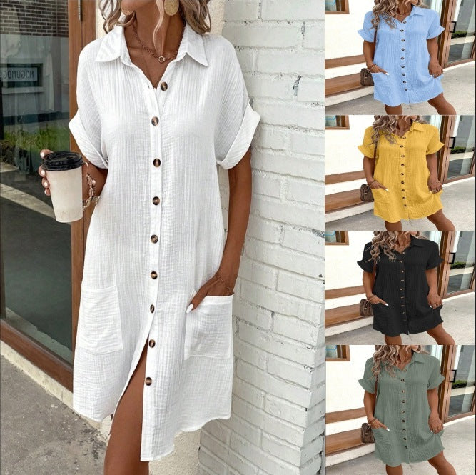 Summer Short Sleeve Shirt Dress Fashion Solid Color Single-breasted Mid-length Loose Dress Women's Garments Apparel / Clothing