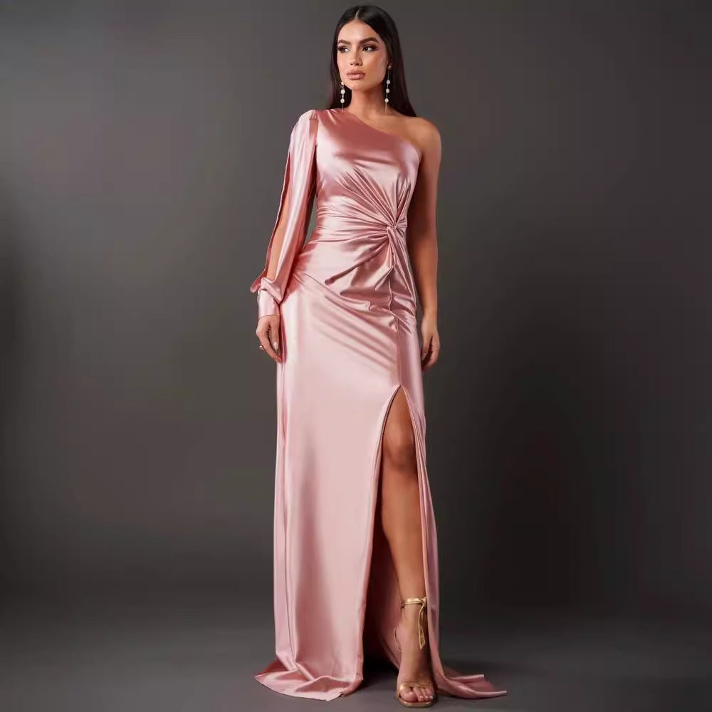 Women's One-shoulder Split Dress Ins Fashion Long-sleeved Slim Long Dresses Party Evening Women's Garments Apparel / Clothing