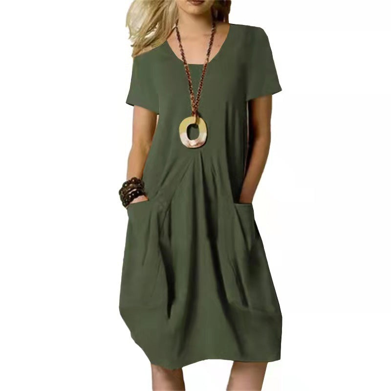Cotton And Linen Solid Color Loose Round Neck Short Sleeve Dress Women's Garments Apparel / Clothing