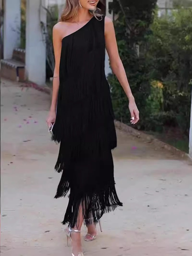 Women's Solid Color Diagonal Collar Multi-layer Tassel Stitching Design Dress Women's Garments Apparel / Clothing