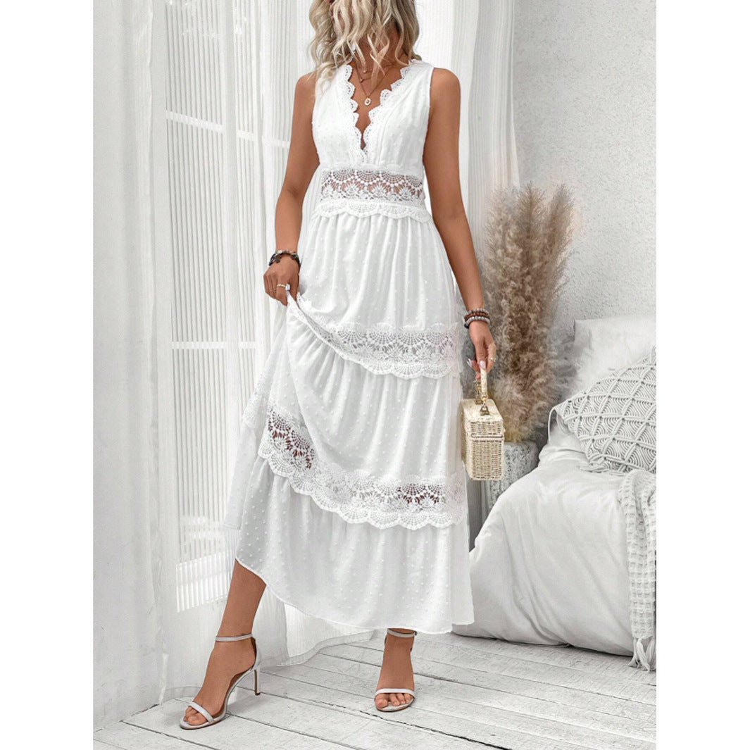 Women's Lace Stitching V-neck Sleeveless Dress Women's Garments Apparel / Clothing
