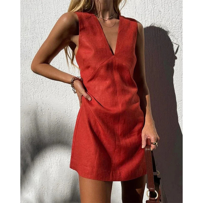 V-neck Cotton And Linen Sleeveless Dress Women's Solid Color Vest Short Skirt Women's Garments Apparel / Clothing