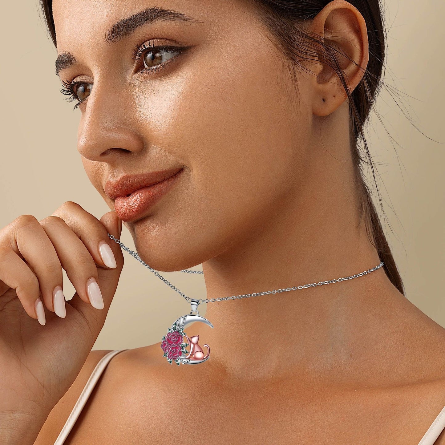 Cute Fashion Moon Cat Rose Pendant Necklace For Women Jewelry/Accessories