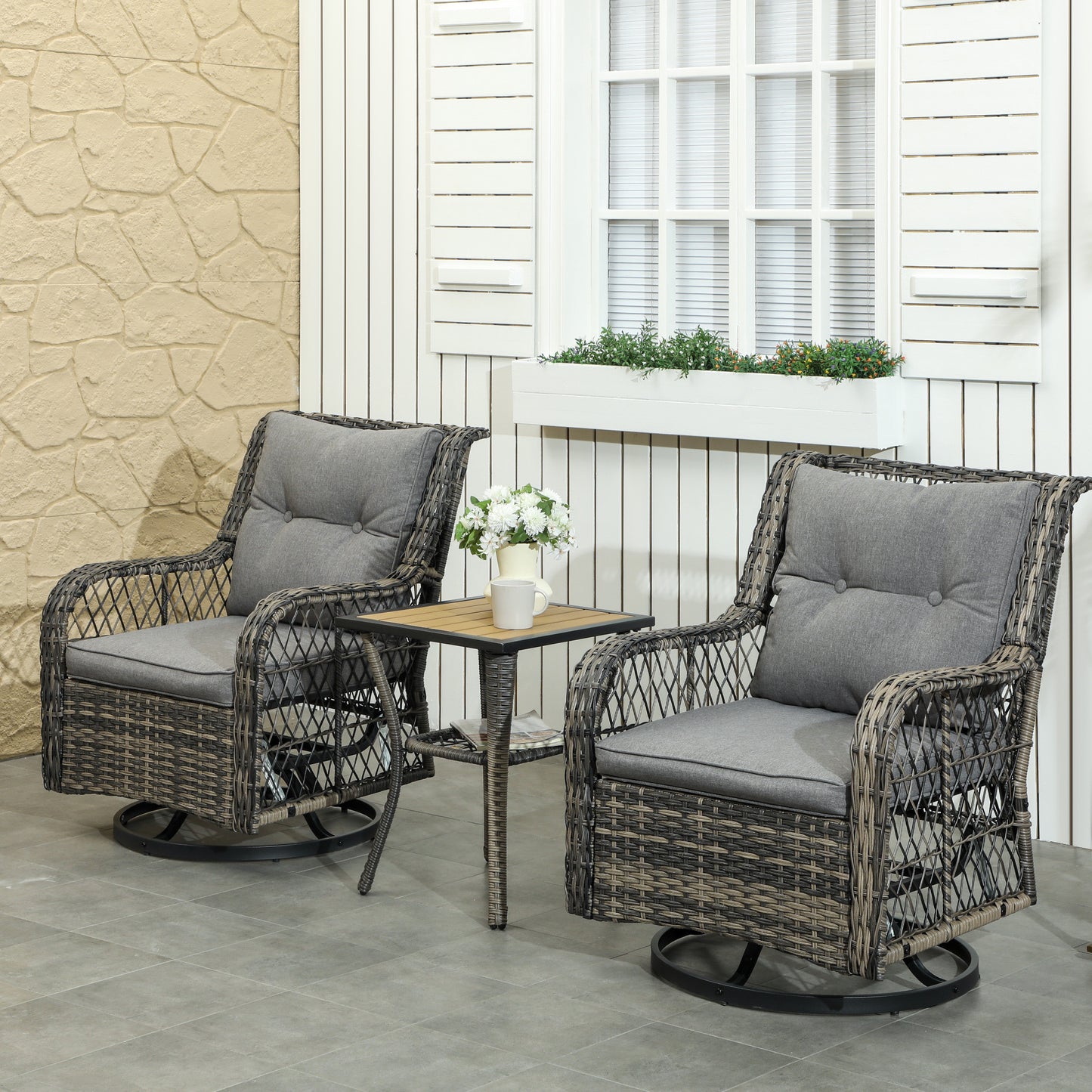 3 Piece Outdoor Bistro Set, Wicker Small Patio Set With Swivel Glider Chairs For Balcony, Porch, Gray Outdoor Garden Patio Furniture