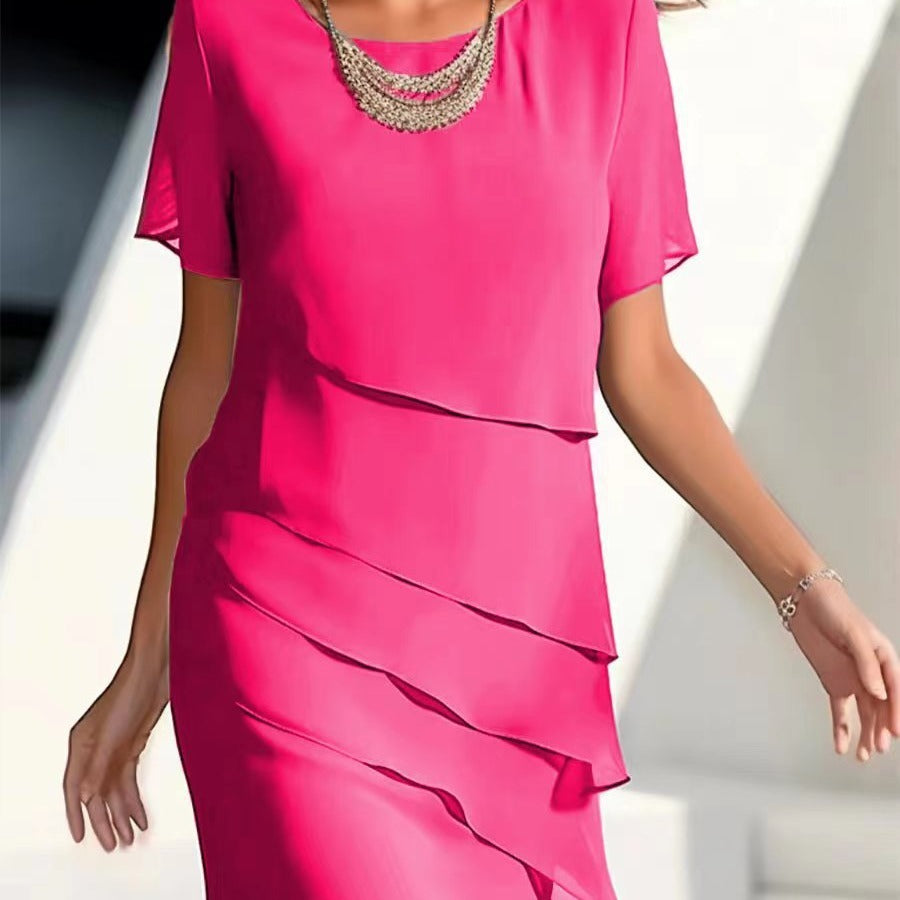 Women's Dress Chiffon Patchwork Round Neck Short Sleeve Women's Garments Apparel / Clothing