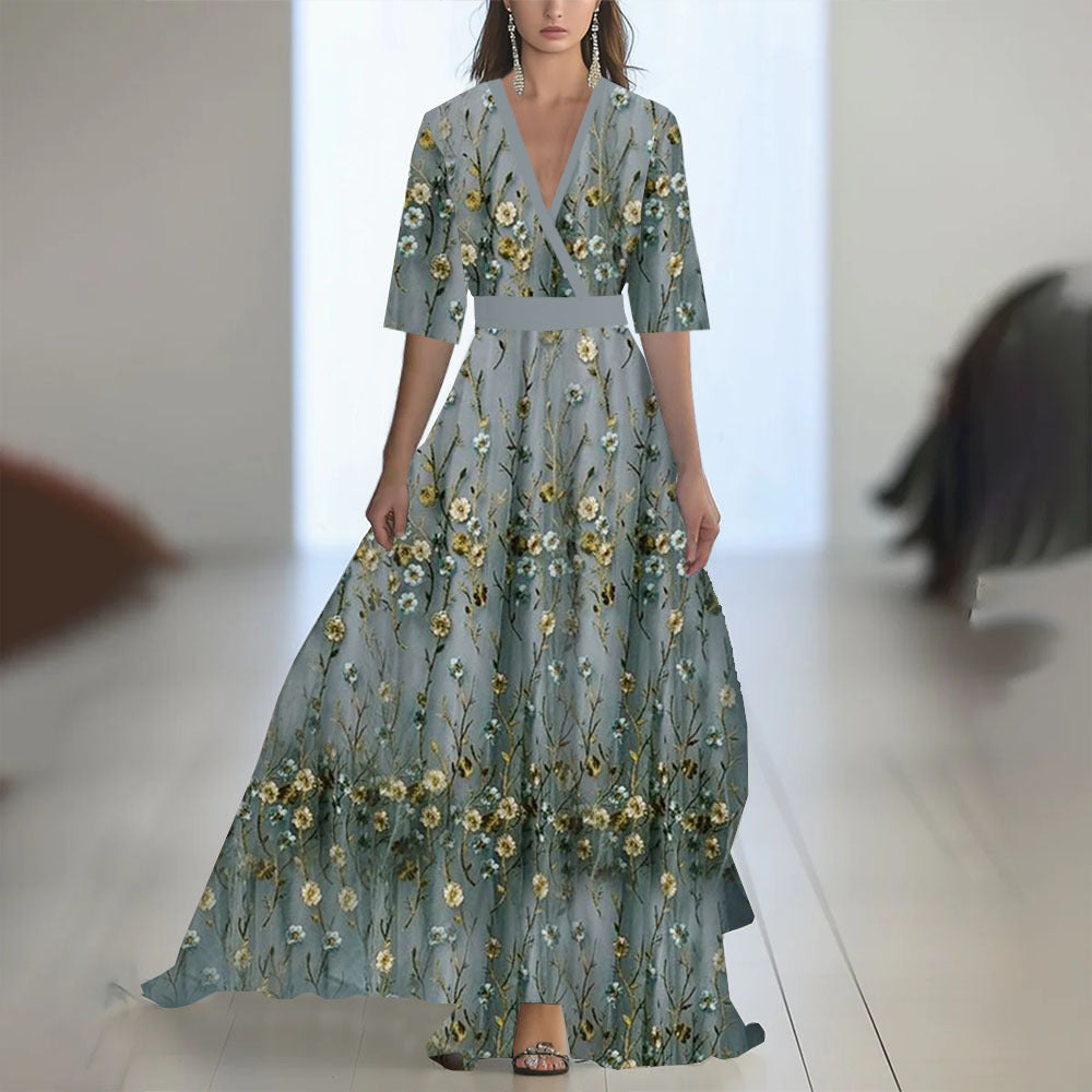 Printed Long Sleeved V-neck Patchwork Dress Women's Garments Apparel / Clothing