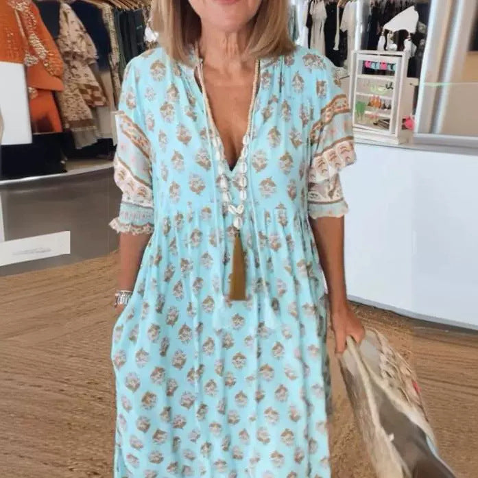 Summer Bohemian Print Lantern-Sleeved Dress Fashion Loose V-Neck Ruffle Long Dress Beach Clothing For Women's Garments Apparel / Clothing