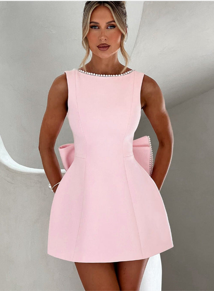 Fashion Big-Bowed Pearls Backless Dress Summer Slim Sleeveless A-line Dresses For Party Evening Women's Garments Apparel / Clothing