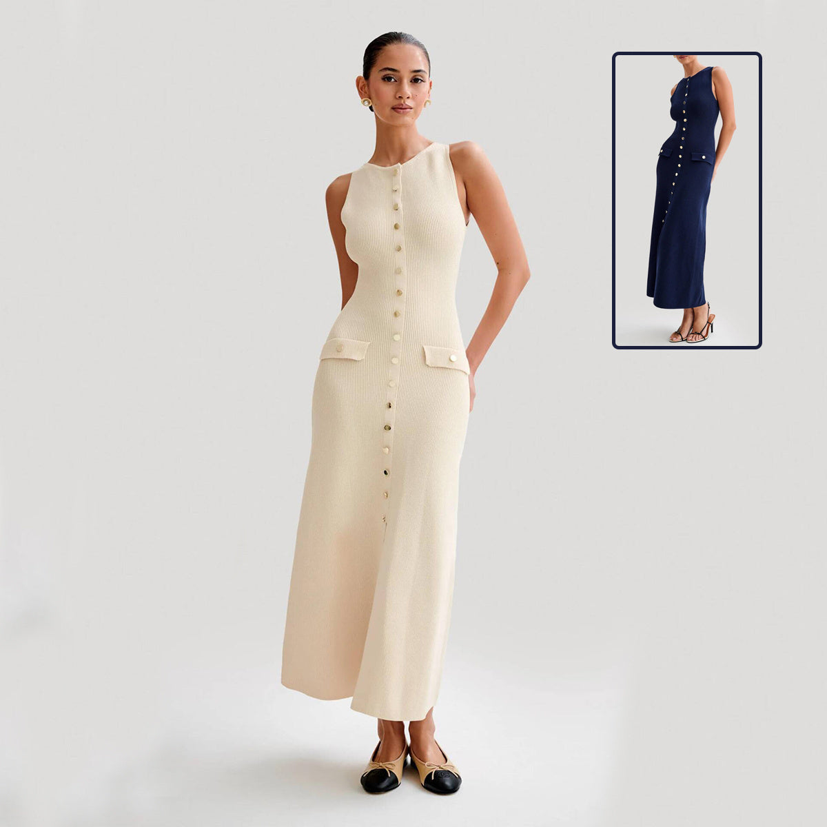 Elegant Knitted Sleeveless Dress With Single Breast Fashion Slim Round Neck Long Dresses Women's Garments Apparel / Clothing