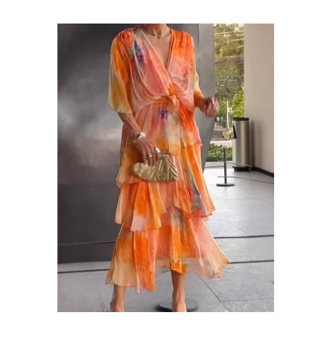 European And American Printing Layered Dress Women's Garments Apparel / Clothing