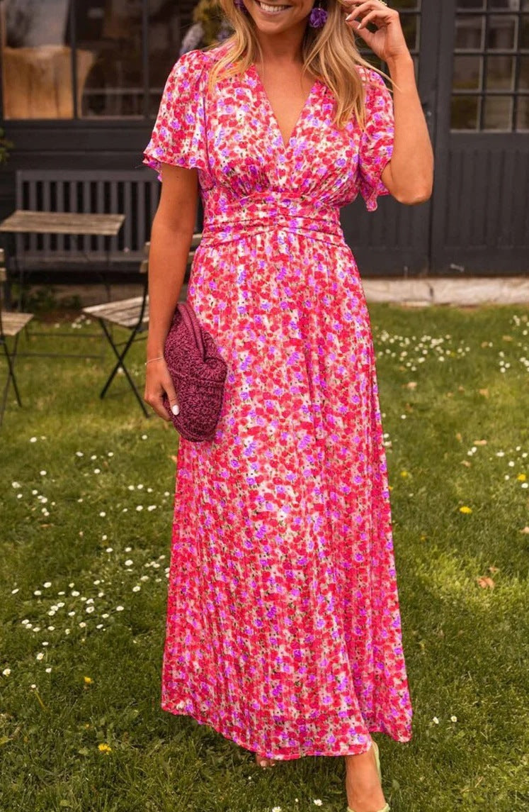Printed Waist-controlled V-neck Dress Women's Garments Apparel / Clothing