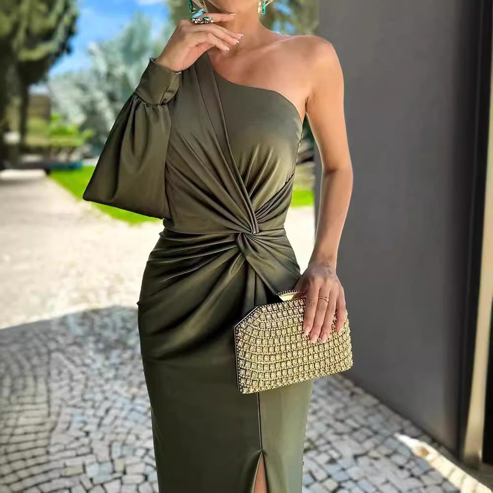 Women's Diagonal Shoulder Knot Split Solid Color Slim Fit Dress Women's Garments Apparel / Clothing