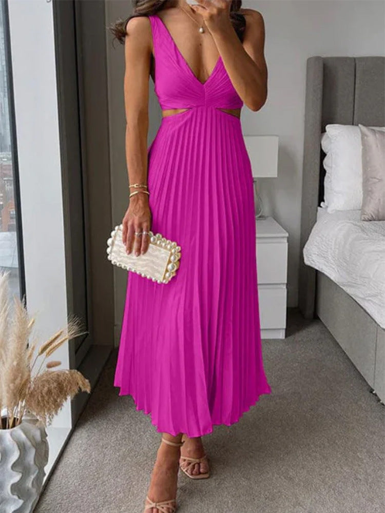 Ins Suspender Pleated Long Dress With Hollow-waisted Design Fashion V-neck Backless Dresses Summer Women's Garments Apparel / Clothing