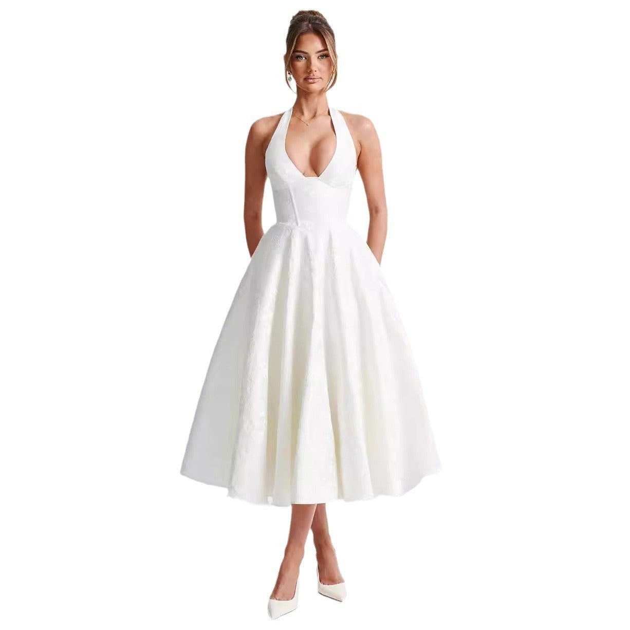 V-neck Halter Sleeveless Jacquard Lace-up Waist Vacation Style Long Senior Dress Women's Garments Apparel / Clothing