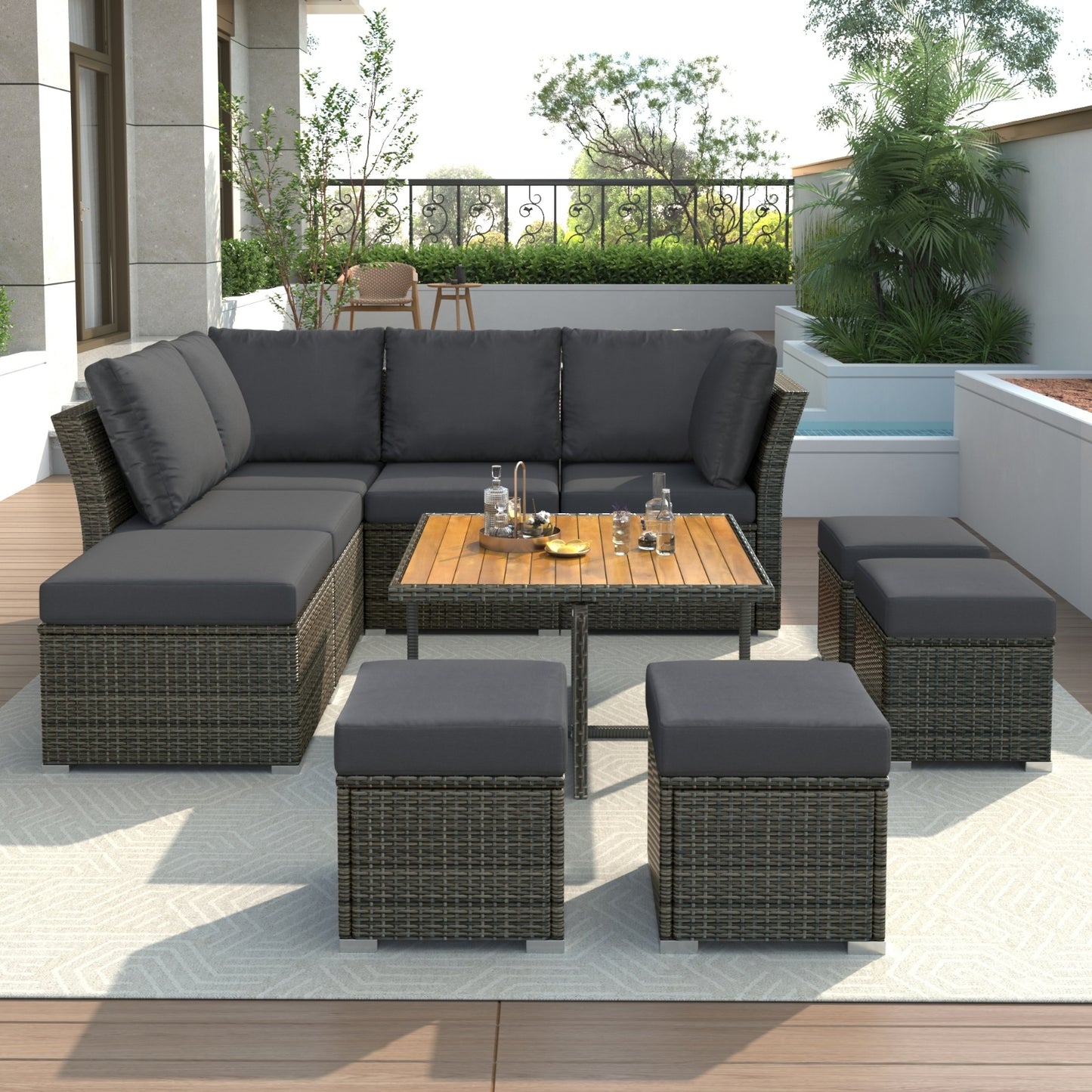 U STYLE Patio Furniture Set, 10 Piece Outdoor Conversation Set, CoffeeTable With Ottomans, Solid Woo