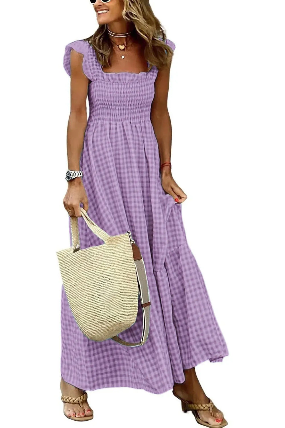 Summer Plaid Print Pleated Ruffle Dress INS Fashion Sleeveless A-line Swing Beach Dress Women's Garments Apparel / Clothing