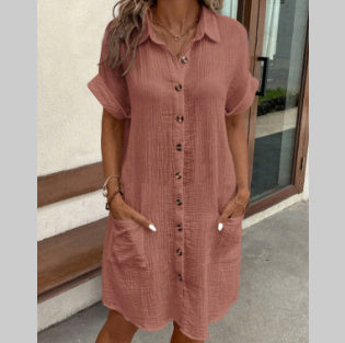 Summer Short Sleeve Shirt Dress Fashion Solid Color Single-breasted Mid-length Loose Dress Women's Garments Apparel / Clothing