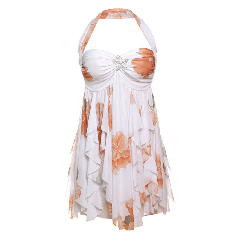 Ins Halter Neck Backless Dress Summer Sexy Printed Irregular Mesh Short Dresses For Evening Party Club Women's Garments Apparel / Clothing