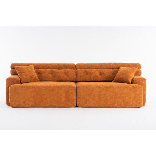 LY-029 ORANGE COMPRESSION SOFA 4-seater Combined Sofa, Wood Grain Chenille Fabric, Full Sponge Compression Sofa,combined Sofa With 2 Pillows For Living Home Furniture Apartment Furniture