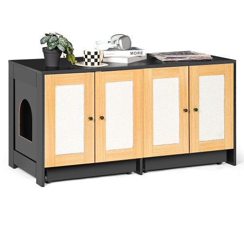 Double Litter Box Enclosure,Cat Litter Box Enclosure For 2 Cats, Hidden Litter Box Furniture With Rattan Doors, 47 L X 19.8 W X 21.8 H,Black Furniture