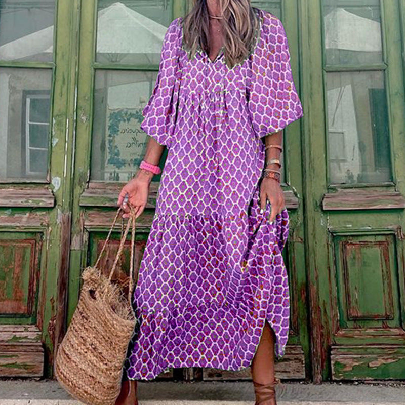 Summer Women's Vintage Printed Bohemian Dress Elegant Ladies Casual Loose V-Neck Short Sleeve Long Dresses Women's Garments Apparel / Clothing
