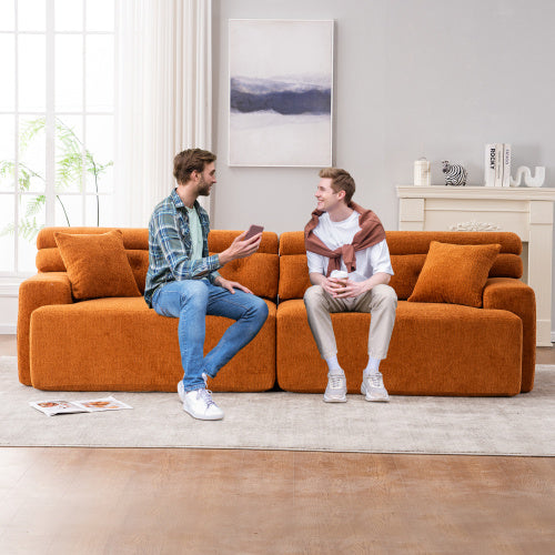LY-029 ORANGE COMPRESSION SOFA 4-seater Combined Sofa, Wood Grain Chenille Fabric, Full Sponge Compression Sofa,combined Sofa With 2 Pillows For Living Home Furniture Apartment Furniture