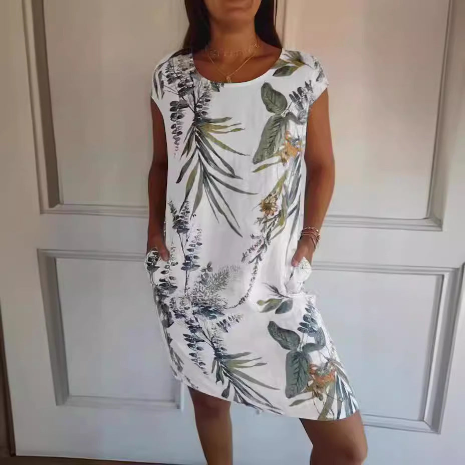 Flower And Leaf Printed Straight Dress Summer Loose Round Neck Short Sleeve Dresses Women's Garments Apparel / Clothing
