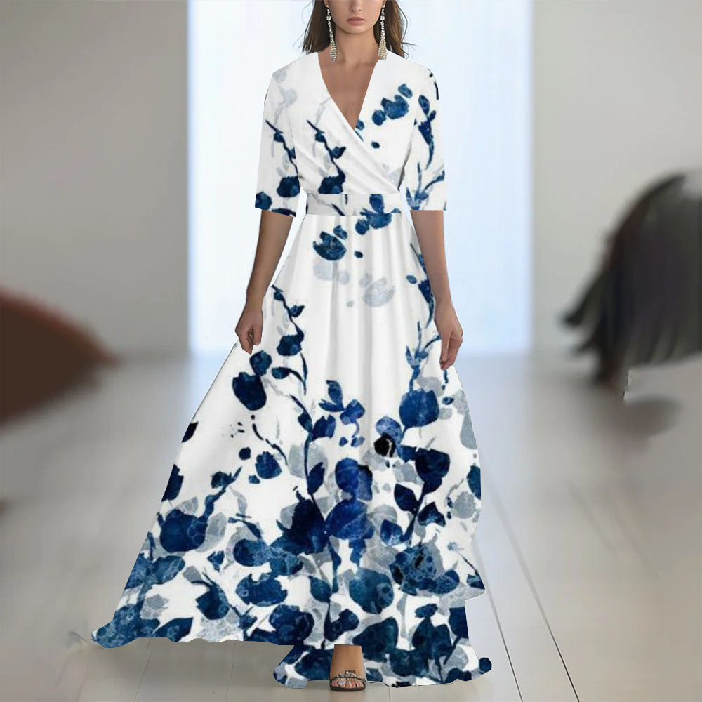 Printed Long Sleeved V-neck Patchwork Dress Women's Garments Apparel / Clothing