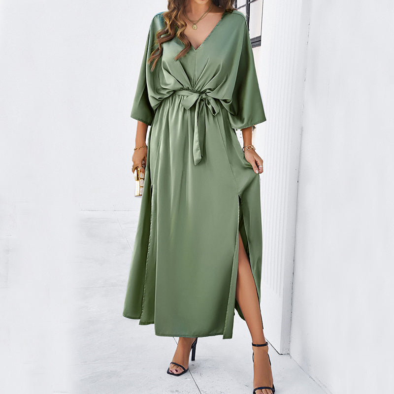 Fashion Bat Sleeve Long-sleeved V-neck Dress With Split Design Temperament Loose High Waist Lace-up Long Dresses Women's Garments Apparel / Clothing