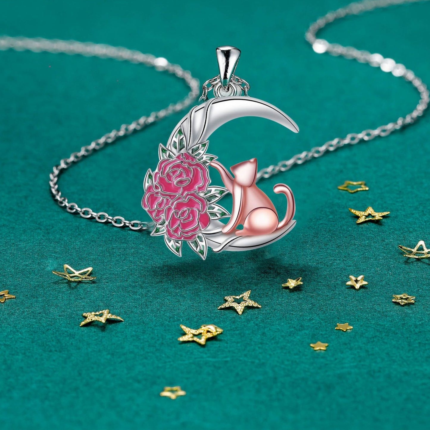 Cute Fashion Moon Cat Rose Pendant Necklace For Women Jewelry/Accessories