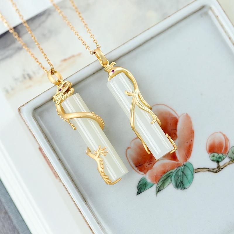 Hetian Jade Prosperity Brought By The Dragon And The Phoenix Pendant Necklaces Jewelry & Accessories