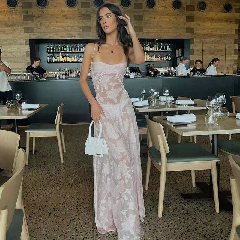 Sexy Flowers Lace Suspender Dress Summer Fashion Slim Back Lace-up Long Dresses Party Evening Club Clothing For Women's Garments Apparel / Clothing