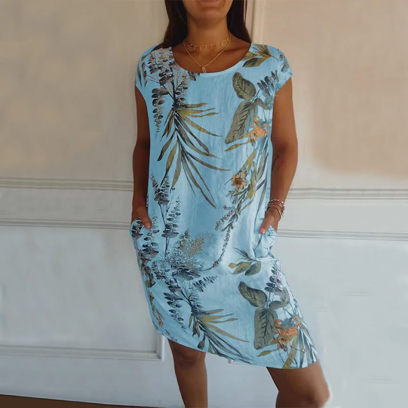 Flower And Leaf Printed Straight Dress Summer Loose Round Neck Short Sleeve Dresses Women's Garments Apparel / Clothing