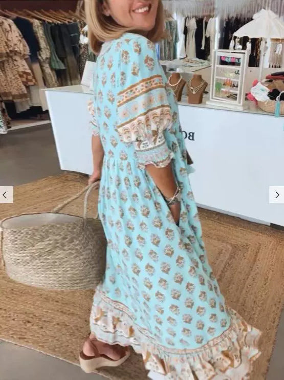 Summer Bohemian Print Lantern-Sleeved Dress Fashion Loose V-Neck Ruffle Long Dress Beach Clothing For Women's Garments Apparel / Clothing