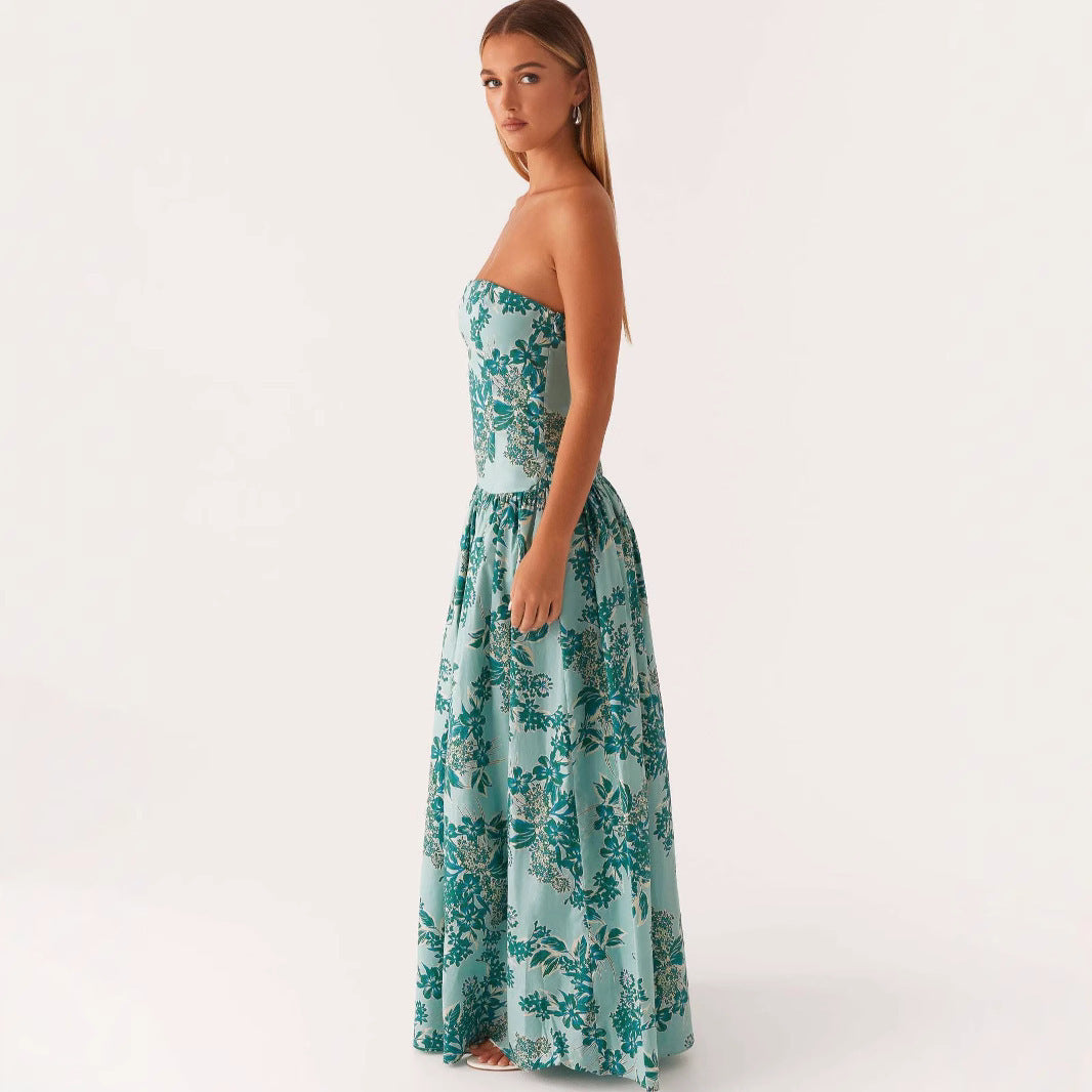 Fashion Tube Top Printed Long Dress Women's Garments Apparel / Clothing