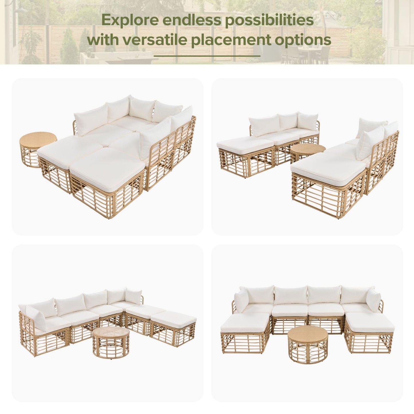 GO Ensemble de 7 meubles de patio d'extérieur, canapé sectionnel en rotin toutes saisons avec coussins épais et P