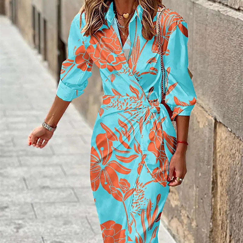 Fashion Printed Shirt Dress With Belt Slim Fit Three-quarter Sleeve Lapel Dress For Women's Garments Apparel / Clothing