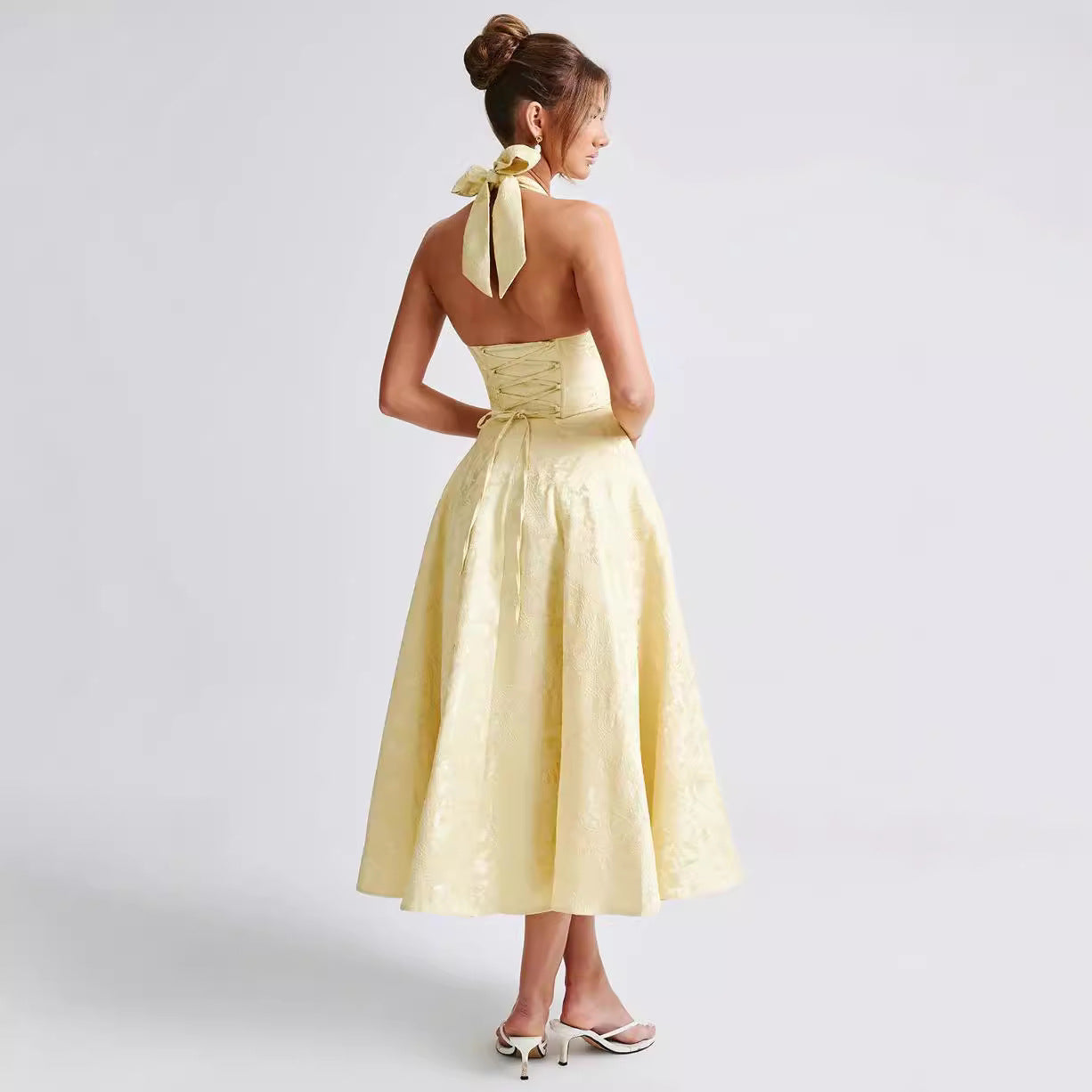 V-neck Halter Sleeveless Jacquard Lace-up Waist Vacation Style Long Senior Dress Women's Garments Apparel / Clothing