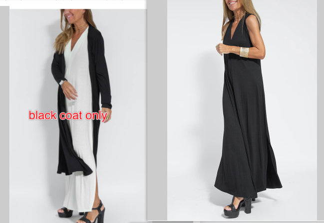 New Solid Color V-neck Sleeveless Dress Long Cardigan Jacket Suit For Women's Garments Apparel / Clothing