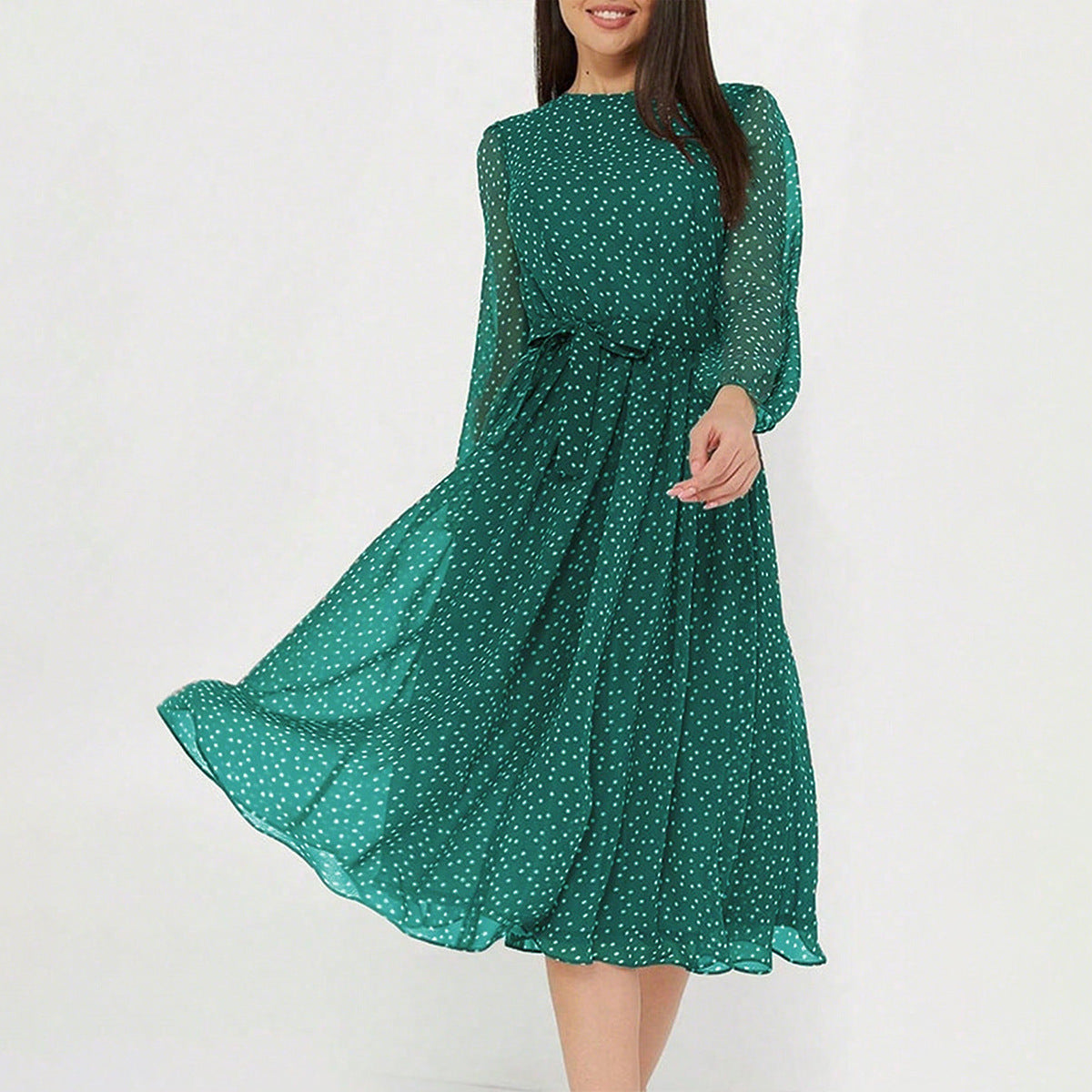 European And American Leisure Vacation Style Polka Dot Long Sleeve Maxi Dress Women's Garments Apparel / Clothing