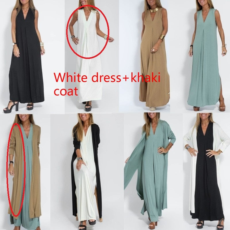 New Solid Color V-neck Sleeveless Dress Long Cardigan Jacket Suit For Women's Garments Apparel / Clothing