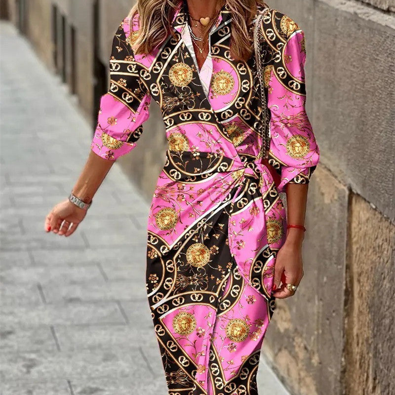 Fashion Printed Shirt Dress With Belt Slim Fit Three-quarter Sleeve Lapel Dress For Women's Garments Apparel / Clothing