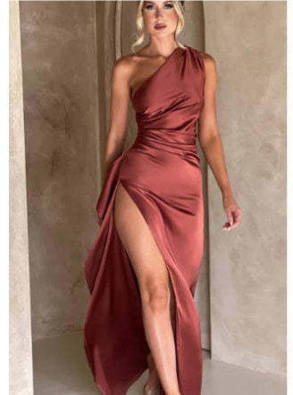 Sexy One-shoulder Backless Slit Dress Summer Elegant Slim-fit Solid Color Satin Dresses For Women's Garments Apparel / Clothing