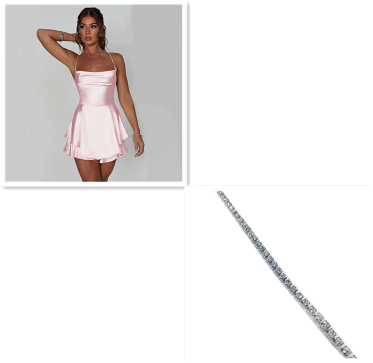 Sexy Suspender Skirt For Women Elegant Slim Strap Satin Backless Lace Up A-Line Short Dress Lady Women's Garments Apparel / Clothing