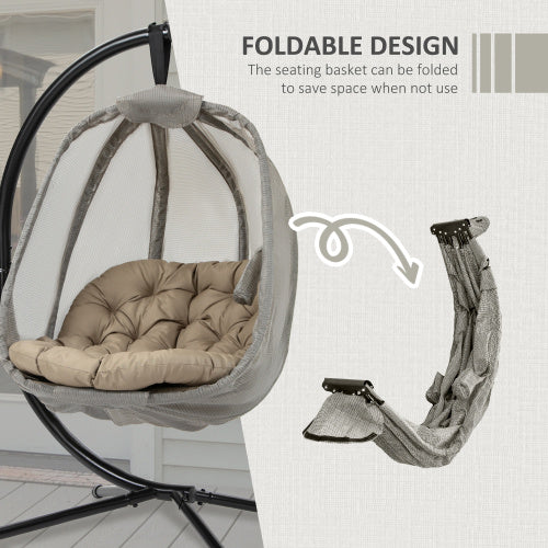Khaki Outsunny Hanging Egg Chair with Stand, Folding Texteline Swing Hammock with Cushion & Side Pocket, Indoor/Outdoor Garden Patio Furniture